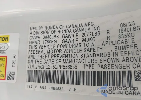 2023 Honda Civic Sport из США, поврежденный, VIN 2HGFE2F52PH556635